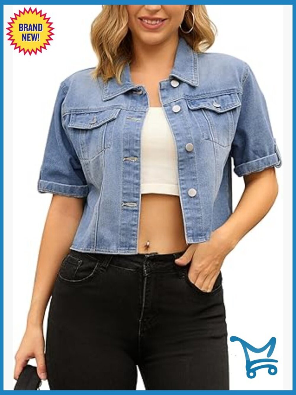 Cropped Short Sleeve Denim Jacket - Button Up Relaxed Fit Staple